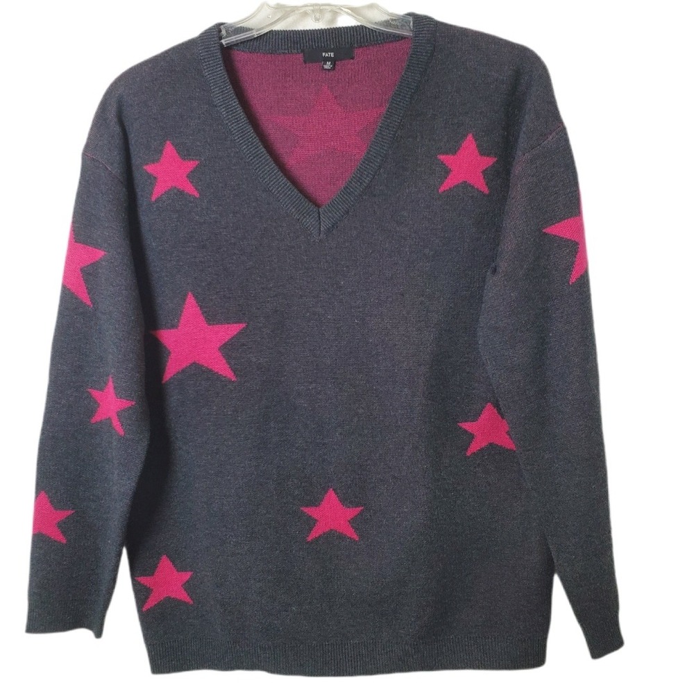 FATE Gray & Pink Star Print V Neck‎ Long Sleeve Knit Sweater Size M